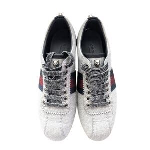 Gucci BAMBI Web Stripe Sz 36 (US sz 6) Metallic Silver Sneakers Includes COA